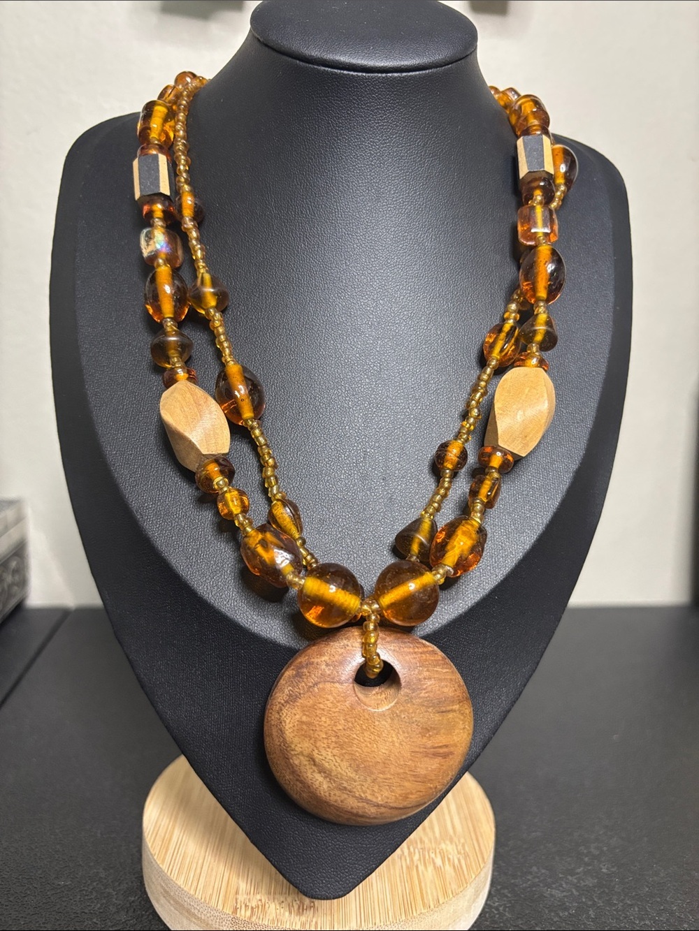 Vintage Boho Amber Glass Bead & Wooden Disc Layered Necklace - Women Jewelry